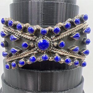 Vintage Taxco Mexico 925 Silver Bracelet Blue Glass Cuff TS-85 Adjustable